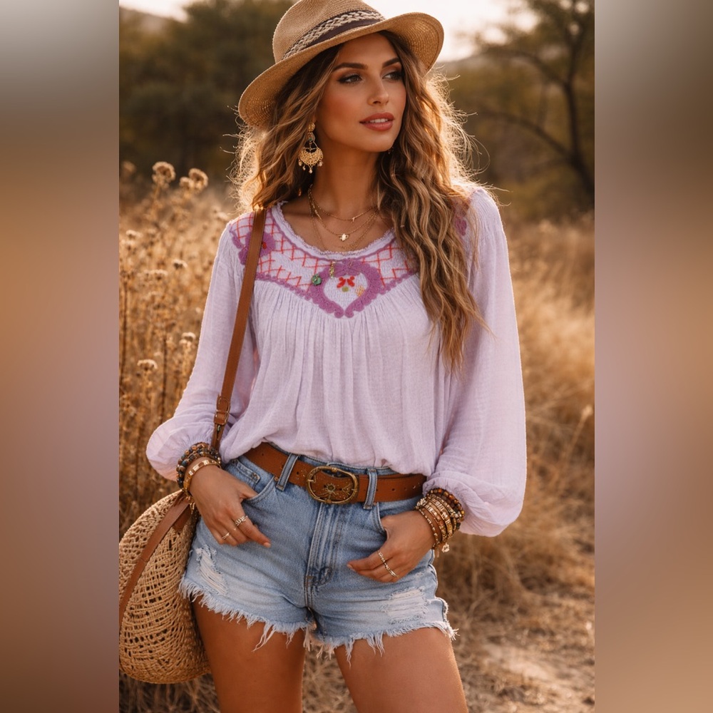 Sz M Free People $88 MSRP Lilac Boho Begonia Embroidered Top